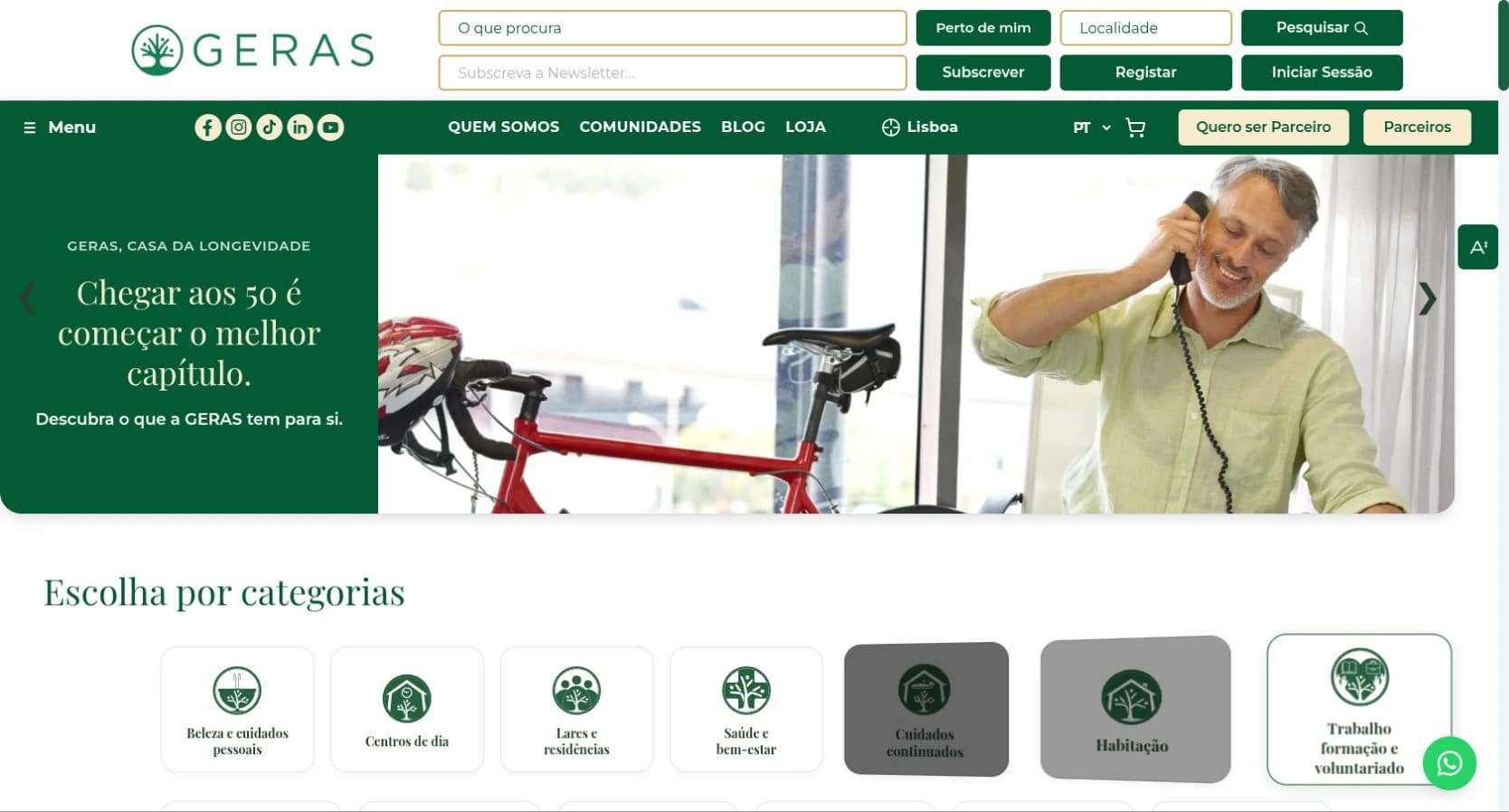 Captura real da página inicial do marketplace GERAS com pesquisa, categorias e destaque editorial.