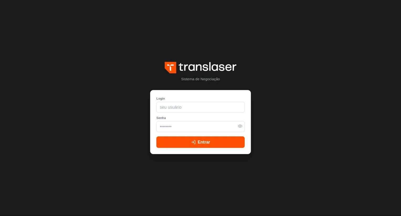 Captura real da tela de acesso do Sistema de Negociação Translaser em ambiente de homologação.